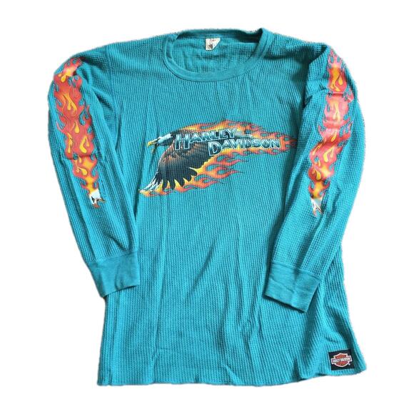 Vintage 90s Harley Davidson Teal Thermal Waffle Knit Top XL Flames Eagle 1993 - Picture 1 of 13